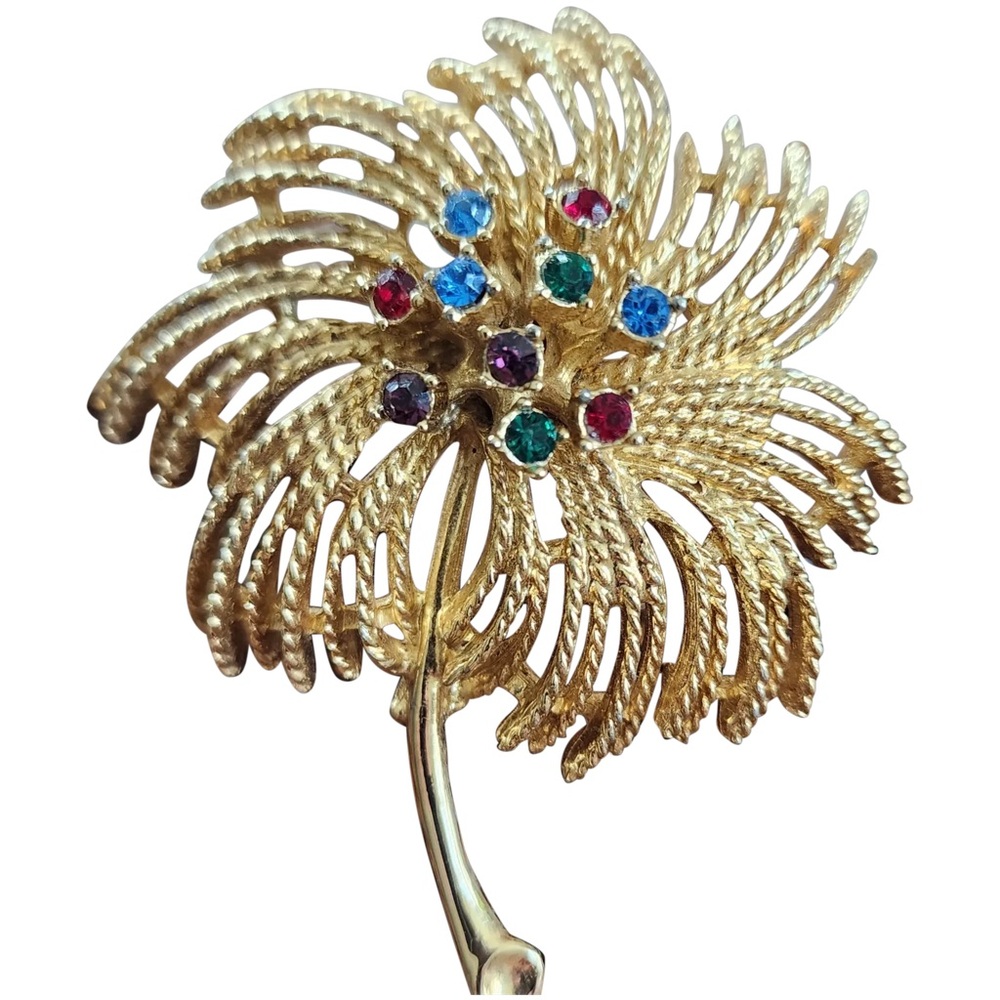 “Vintage Sarah Coventry Celestial Spray Gold Tone Colored Rhinestone Brooch”